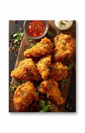 Golden crispy fried chicken pieces on wooden board with herbs and dip, vertical frame