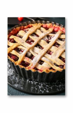 Baking dish with tasty cherry pie, closeup