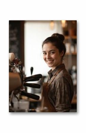 Smiling young woman barista in apron prepares coffee at machine in cafe. Pro barkeeper in uniform works with espresso maker, serving hot drink to customer. Blurred background with copy space.