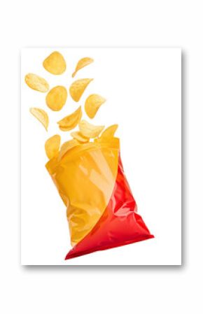Crispy potato chips flying from open bag against white background for snack food package design
