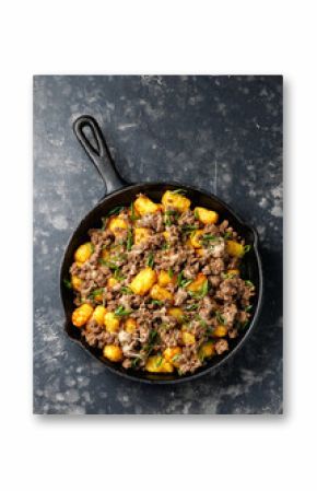 Loaded Tater tots Potatoes with beef and cheese. Fast food.