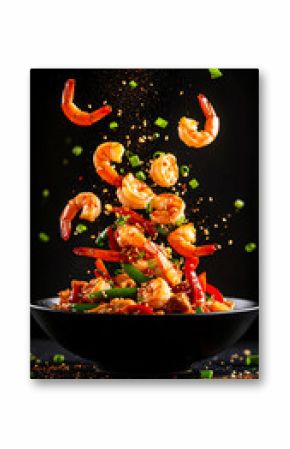 Elevated culinary delight: A captivating composition of Kung Pao Shrimp with garnish