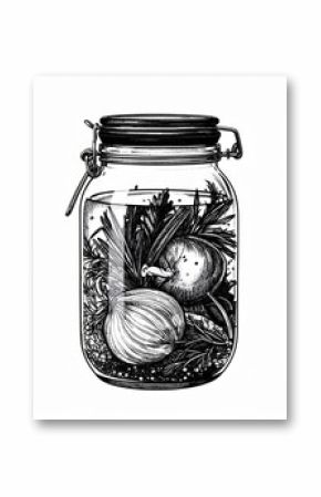 Pickled Onions and Herbs in a Canning Jar Black and White Illustration Vintage Style