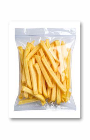 Vacuum packaging, vacuum-sealed fries in glossy transparent plastic packaging Isolated on Transparent or White Background