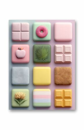 Pastel clay icons featuring food, plants, and textures in grid layout, evoking soft and playful aesthetic