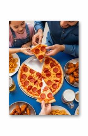 Smiling girl and man sharing pepperoni pizza with plates of curly fries chicken wings and beer on blue table, vertical template for family restaurant or pizza promotion with copyspace. 