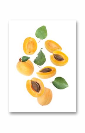 Fresh juicy apricots flying against white background