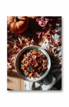 A hearty quinoa salad featuring roasted squash, pomegranate seeds, and crunchy nuts is presented on a rustic table surrounded by autumn leaves and pumpkins