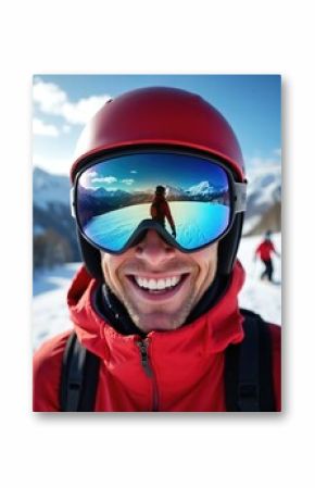 Man wearing red ski jacket and helmet smiles, his goggles reflect majestic snow-capped mountains. Sunny winter day on ski slope. Snowy landscape with skiers in background.