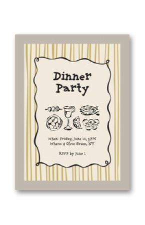Elegant invitation template. Matisse style food and beverage doodles. 