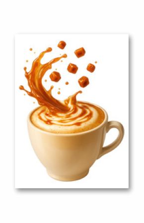 Caramel macchiato in a ceramic cup with floating caramel bits.