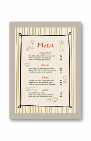 Elegant vector menu template with food and drinks doodles.