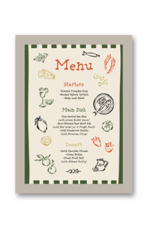 Elegant vector menu template with food and drinks doodles.