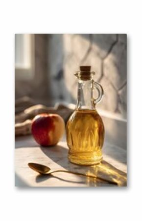 A bottle of apple cider vinegar and a teaspoon rest on a pristine kitchen counter, beautifully illuminated by the golden hour light.