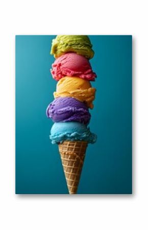 Colorful ice cream scoops stacked in waffle cone against turquoise background. Five different flavors creating vibrant summer dessert composition.