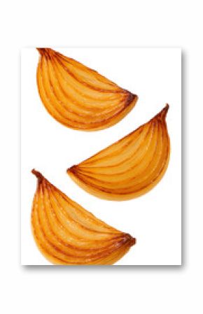 Three caramelized onion wedges with golden brown edges and translucent layers.
