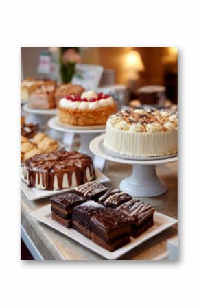 Assorted cakes and desserts on display at a buffet table.