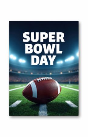 Super Bowl Day poster features an American football on illuminated stadium turf under bright lights. Text announces championship game day excitement, celebrating the sport and athletic competition.