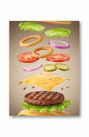 Exploded cheeseburger layers with lettuce, tomato, onion rings and pickles