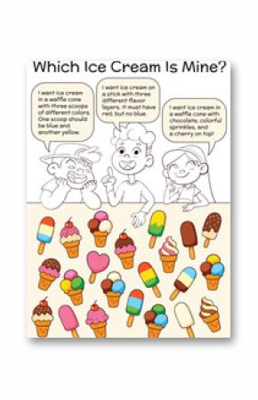 Fun logic game for kids: read each child’s ice cream order and match it to the right one. Great for developing attention, reasoning, and visual discrimination skills. Find the Match. Spot it.