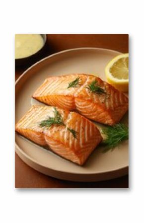 Delightful Grilled Salmon Fillet Paired With Lemon Dill Sauce on a Beige Plate Amidst Warm Terracotta Tones