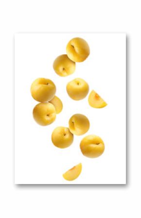 Fresh ripe cherry plums falling on white background
