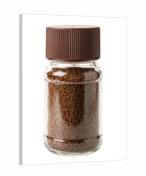 Close up studio shot of glass jar containing instant coffee granules on transparent background