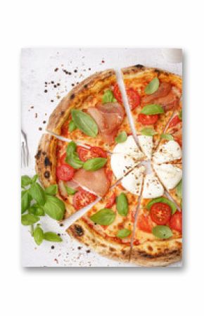 Slices of tasty pizza with Burrata cheese on light background