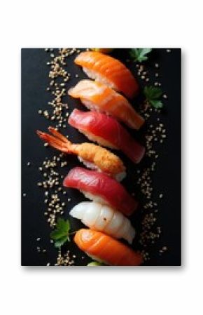 Assortment of fresh sushi pieces, including salmon, tuna, shrimp, elegantly arranged on dark background. Garnished with sesame seeds, wasabi, culinary presentation highlights Japanese cuisine refined