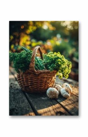 Freshly picked parsley, chives and garlic resting on rustic wooden table in a wicker basket