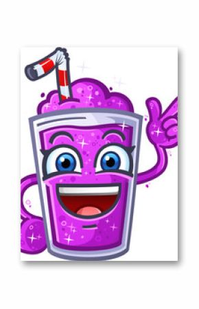 Fun purple slushie cartoon character mascot with straw, smiling face, and playful cool attitude. Refreshing frozen drink illustration perfect for food, beverage, and summer designs.