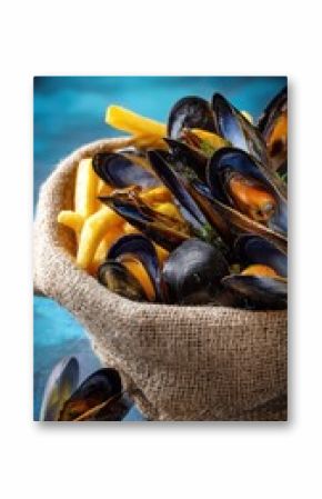 Des moules et des frites, dans un panier rustique en toile de jute, sur fond bleu, avec un éclairage doux, des couleurs vives.