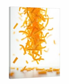 Grated cheddar cheese falling mid-air. Macro photo of shredded yellow cheese pieces suspended against white background. Ingredient for pizza, tacos, salads. Sprinkle, topping, tasty, delicious.