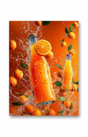 Orange juice bottles and slices splashing with water and fresh tangerines on an orange background