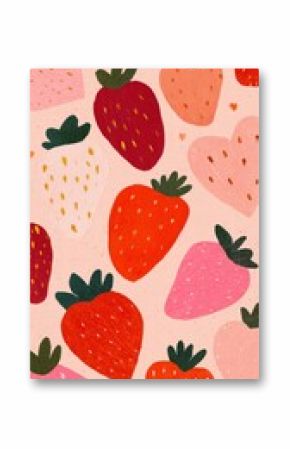 Simple and colorful illustration of strawberries. Pink pastel hues, simple line drawings, flat background