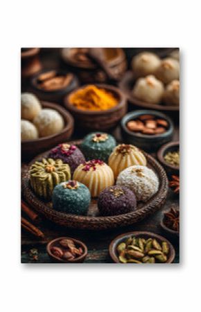 A delightful collection of Indian sweets for Diwali r any festive occasion, feturing a variety of colorfl and tasty treats.