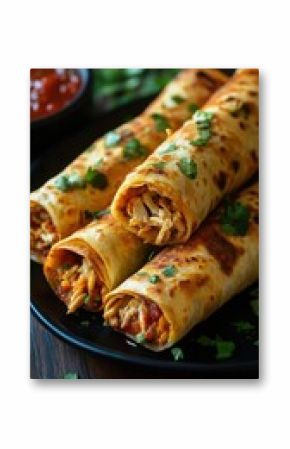 Savory mexican taquitos with shredded chicken and cilantro garnish for a festive meal