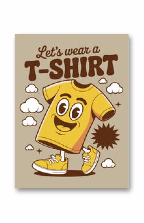 Funny cartoon t-shirt character design, retro vintage vector illustration with happy face, sneakers, clouds, apparel graphic, fashion print