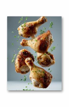 Juicy roasted chicken or turkey drumsticks with golden crispy skin and fresh herbs floating in air. Delicious food photography concept showcasing gourmet poultry, perfect for culinary design projects