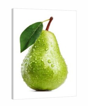 Fresh green pear with water droplets and leaf