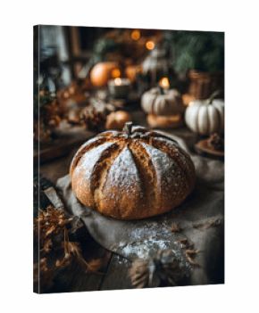 A beautifully crafted pumpkin shaped sourdough bread dusted in flour, sits on  rustic table with autumn-hemed decor. Perfect for Tanksgiving or fall celebraions, embodying cozy and fstive vibes.