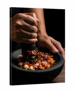 Close-up of hands grinding fresh chili, shallot, and spices in a traditional black stone mortar to create authentic Indonesian sambal paste on a wooden table