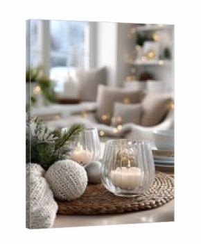 White candles glow softly among decorative ornaments and greenery, adding warmth to a winter setting perfect for cozy gatherings