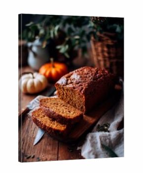 Freshly baked pumpkin bread is sliced and resting on a rustic wooden board, surrounded by small pumpkins and greenery in a cozy kitchen setting