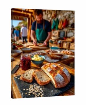 Mostrador irlandés con pan recién horneado y productos locales en un mercado rural