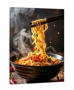Steaming hot ramen noodles lifted by chopsticks, garnished with chili flakes and herbs, a comforting and flavorful culinary delight perfect for any appetite.