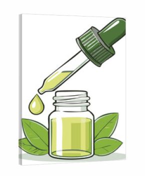 Dropper with oil drop above a bottle surrounded by green leaves on white background