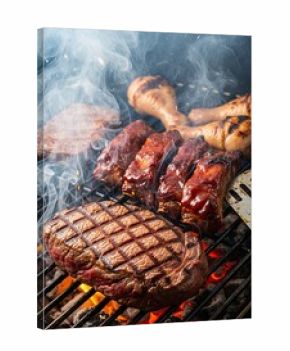 Delicious grilled meats, including ribs, steaks, and chicken, sizzling on a hot barbecue grill.