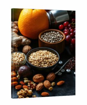 Vibrant assortment of healthy foods including nuts, seeds, fruits, and grains arranged artfully dark surface, promoting nutritious lifestyle. This colorful display inspires healthy eating habits