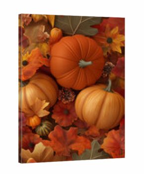 Autumn pumpkin decoration with colorful leaves, perfect for seasonal and harvest images